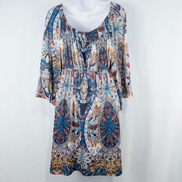 Boston Proper Royal Peacock Flare Sleeve Mini Dress Size Small Abstract Boho - Picture 2 of 16